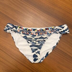 Lucky Brand Womens Blue White Geometric Embroidered Hipster Bikini Bottom Large